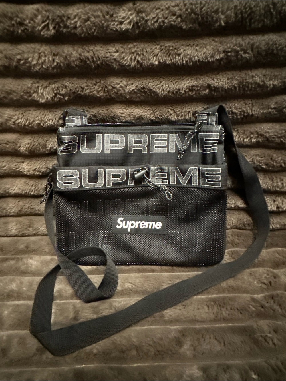 Supreme Black Mesh Crossbody Shoulder Bag with Logo Strap